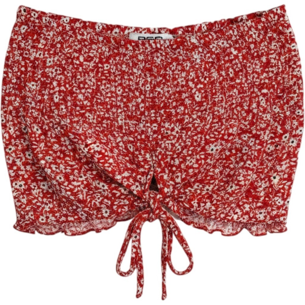 RSQ Floral Crop Top Women Large Red White Daisy Tie Front Smocked Ruffle Hem